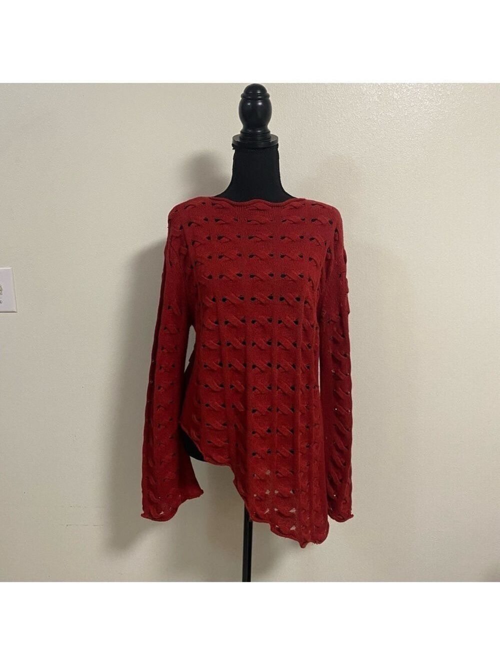 Double D Ranch Sweater Women’s Size Large Dark Red Open knit Lattice Sweater
